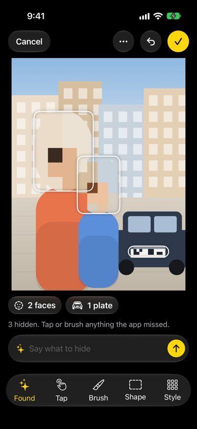 The Superblur editor: a photo with the faces and the number plate hidden